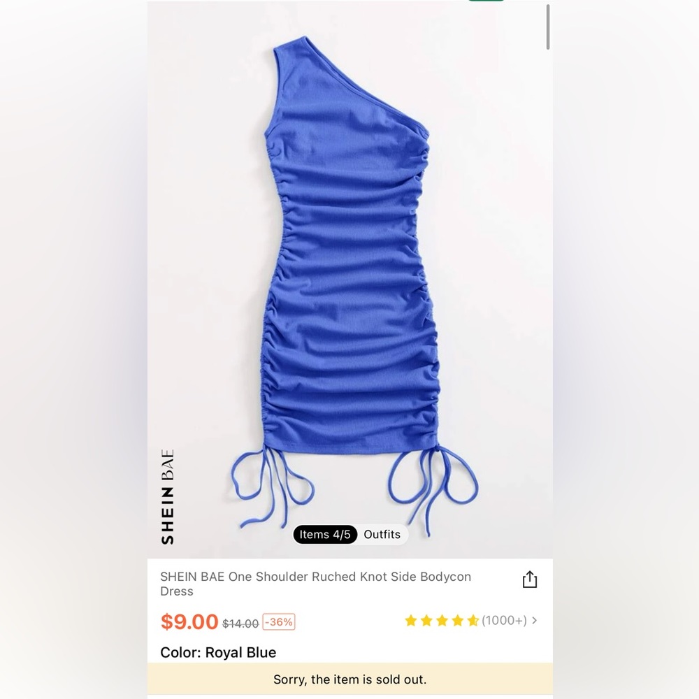Royal blue one shoulder scrunch up dress. Size medium.
